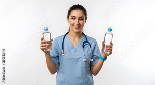 Smiling Nurse Holding Two Water Bottles