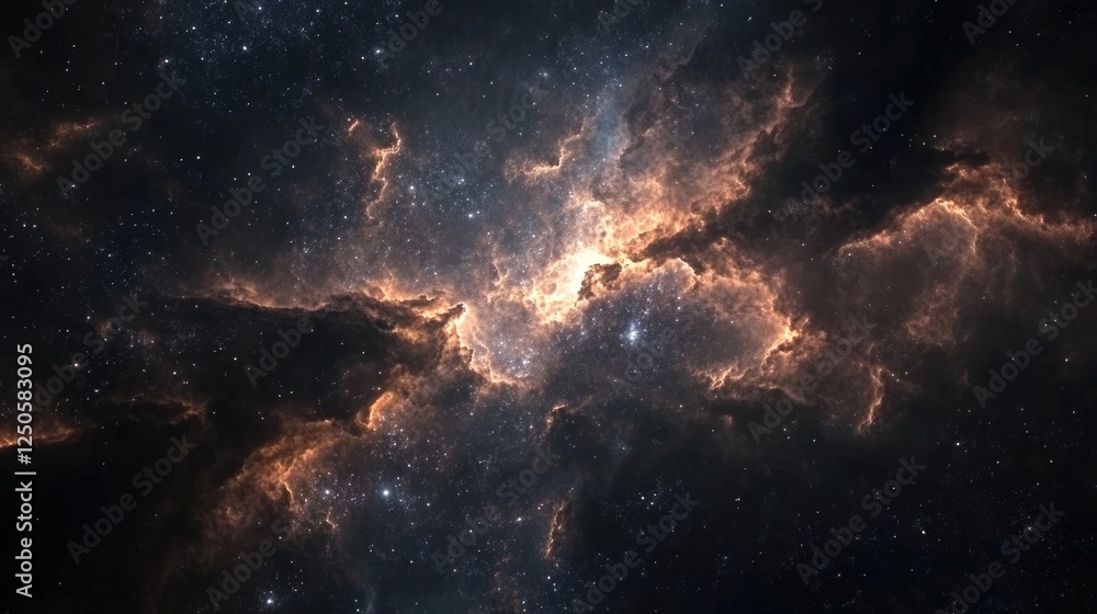 Fototapeta premium Metallic Deep Space Nebula Textured Cosmic Canvas with Expansive Stars and Dramatic Light Effects in a Celestial Background
