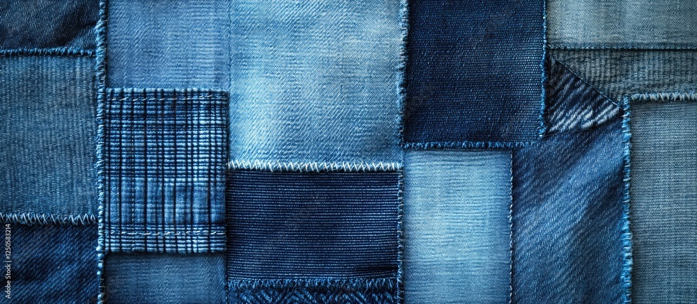 Denim texture patchwork background showcasing various shades of blue for fashion and design applications. Denim texture patchwork background showcasing various shades of blue for fashion and design applications.