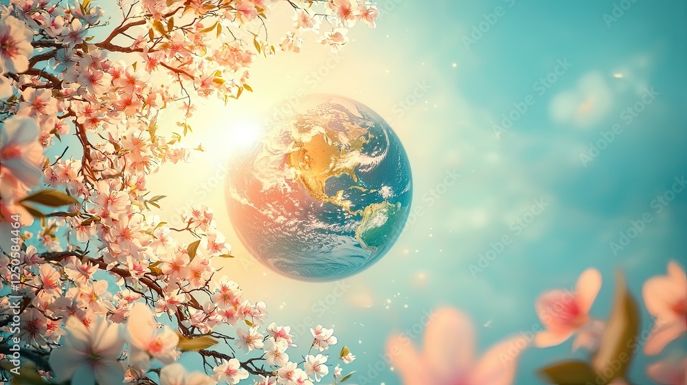 Naklejka premium Earth day concept, Beautiful Earth Surrounded by Pink Blooming Flowers Against a Bright Ethereal Background