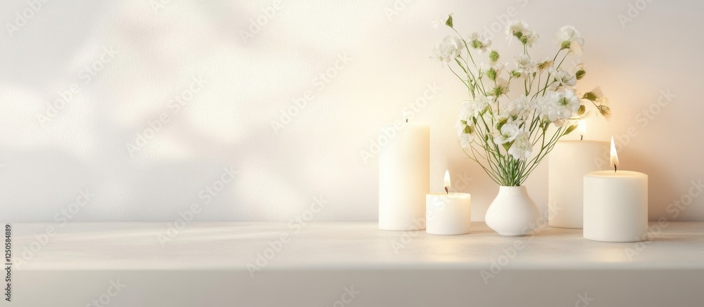 Serene Minimalist Memorial Shrine with Candles and Flowers for Reflection and Remembrance Empty Space for Personal Text Serene Minimalist Memorial Shrine with Candles and Flowers for Reflection and Remembrance Empty Space for Personal Text