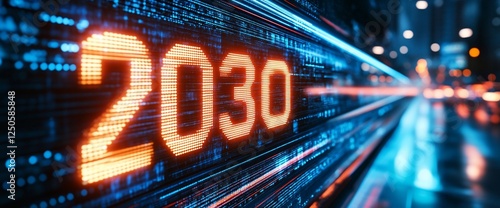 Glowing 2030 digital year on futuristic screen.