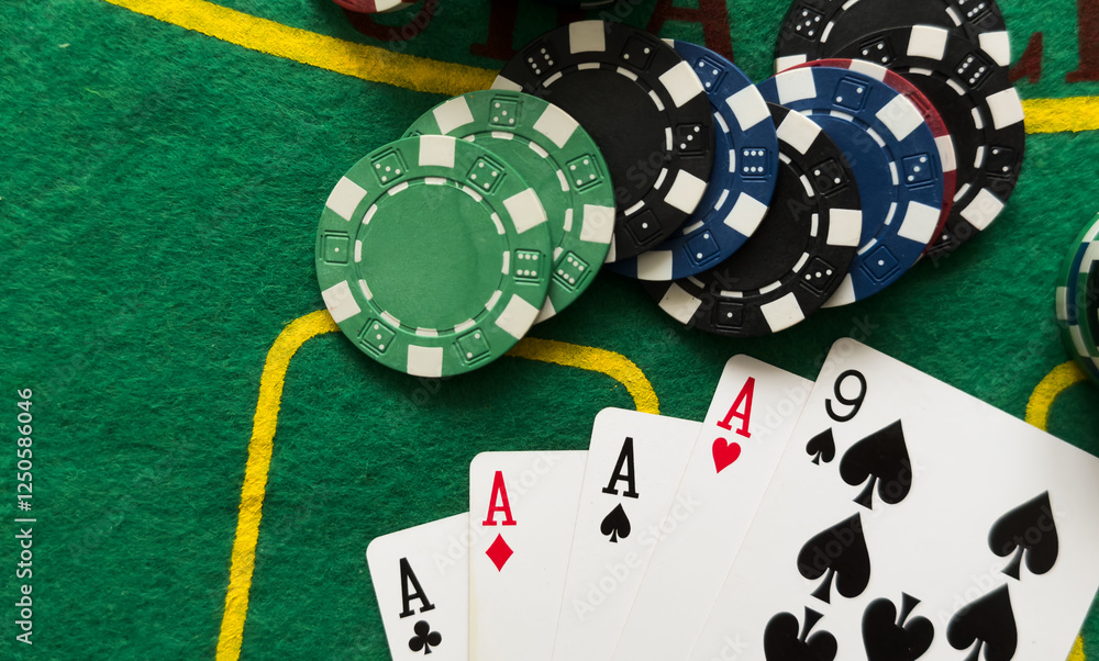 Obraz premium Poker cards with combination. The winning combination in a game in a poker club. The concept of luck in the poker game.