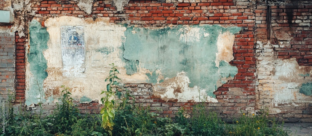 Fototapeta premium Weathered brick wall with faded paint and overgrown vegetation reflecting Soviet-era architecture and history.