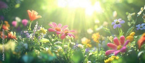Vibrant summer flowers in a natural setting with enchanting bokeh lighting creating a dreamy and serene atmosphere