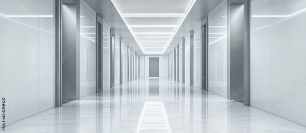 Fototapeta premium Minimalist modern hallway interior design featuring sleek lines and reflective surfaces for potential text placement