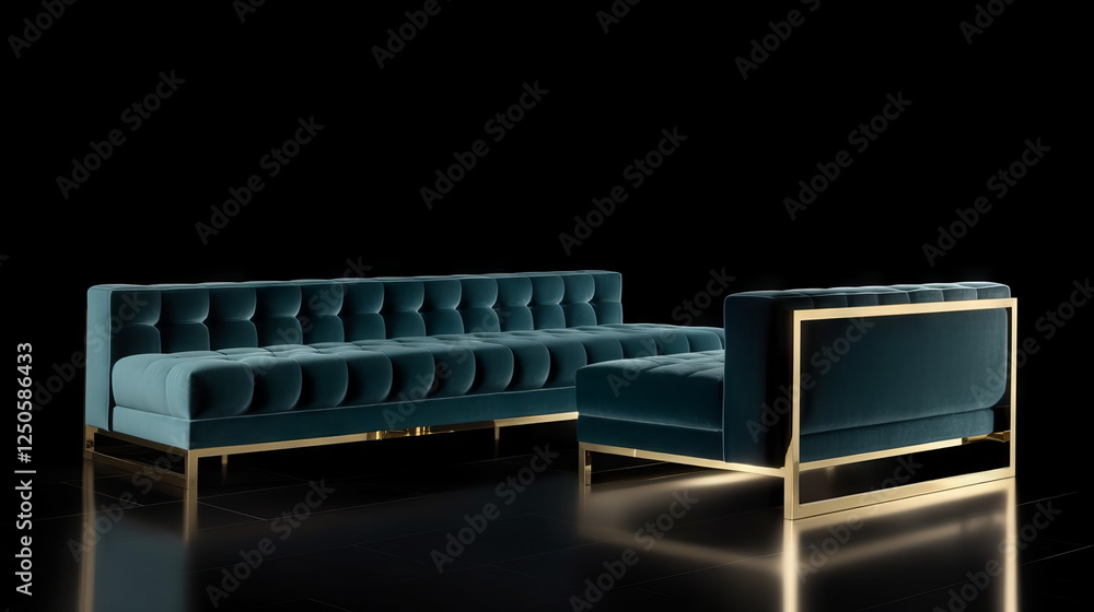 A luxurious deep teal velvet sofa with tufted backrest and brass legs A luxurious deep teal velvet sofa with tufted backrest and brass legs