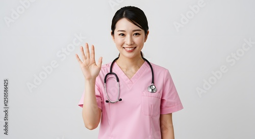 Smiling Female Doctor Waving Hello in Pink Scrubs
