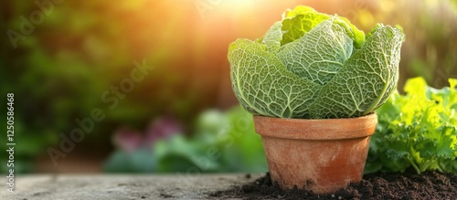 Napa cabbage grown in a pot showcasing vibrant green leaves with soft sunlight in a lush garden setting. photo