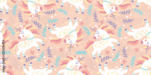 Seamless pattern with cute doodle unicorns on a colored background. Vector illustration. For packaging paper, printing and design on fabric, textile, dishes and bed linen. Cute children s background.