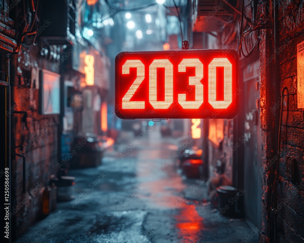 Glowing 2030 sign in futuristic alley. Glowing 2030 sign in futuristic alley.