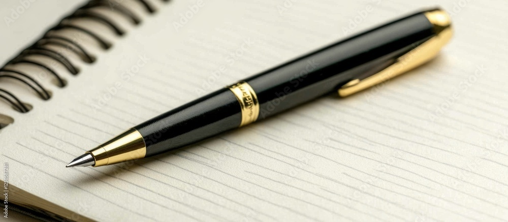 Notebook and pen on white table with blank pages for text and creative ideas in a professional setting Notebook and pen on white table with blank pages for text and creative ideas in a professional setting