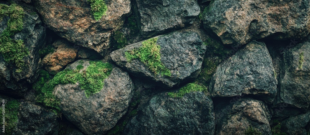 Grungy textured stone wall featuring mossy rocks as a rustic background for design and artistic projects. Grungy textured stone wall featuring mossy rocks as a rustic background for design and artistic projects.