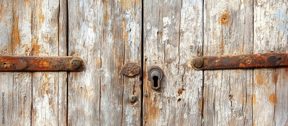 Antique wooden door with rustic lock and handle showcasing vintage architecture details in a weathered facade background Antique wooden door with rustic lock and handle showcasing vintage architecture details in a weathered facade background