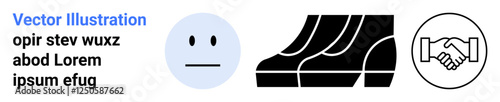 Neutral face emotion expressing emotion, business shoes symbolizing professionalism, and handshake representing agreement. Ideal for teamwork, business ethics, networking, corporate culture