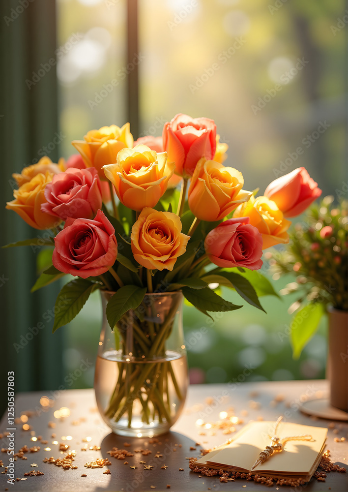 Brightly arranged bouquet of roses and tulips with sparkling glimmers in elegant vase on spring background
Brightly arranged bouquet of roses and tulips with sparkling glimmers in elegant vase on spring background