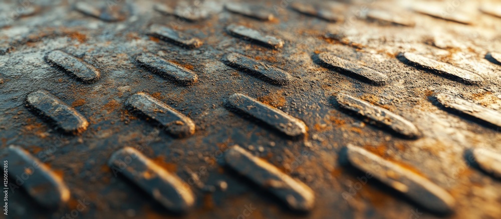 Rusty metal sheet with textured diamond pattern illuminated by warm light creating a vintage industrial background.