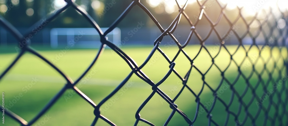 Fototapeta premium Metal mesh wire fence with blurred soccer field background in soft natural light during evening or morning hours