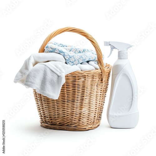 A wicker basket filled with clean laundry and a spray bottle for cleaning solutions. photo