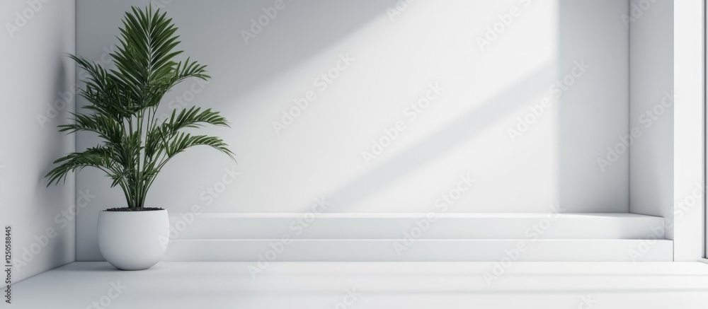 Obraz premium Minimalist white interior with modern door and potted plant creating a serene and spacious atmosphere for text or branding elements