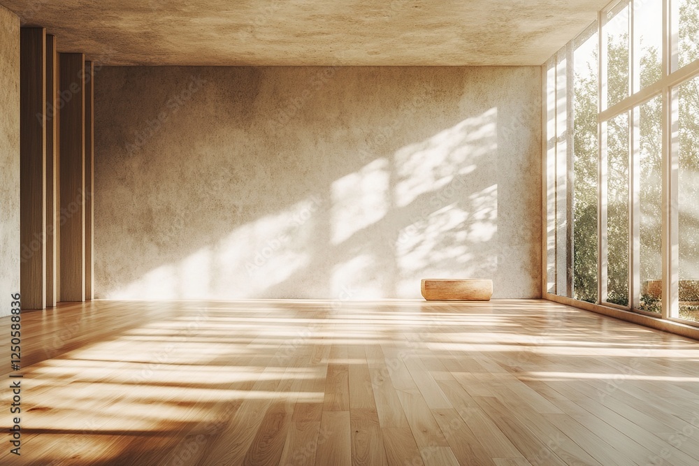 Fototapeta premium Sunlight Streams Through Large Windows into Minimalist Room with Wooden Floor and Concrete Walls, Creating Serene Atmosphere.