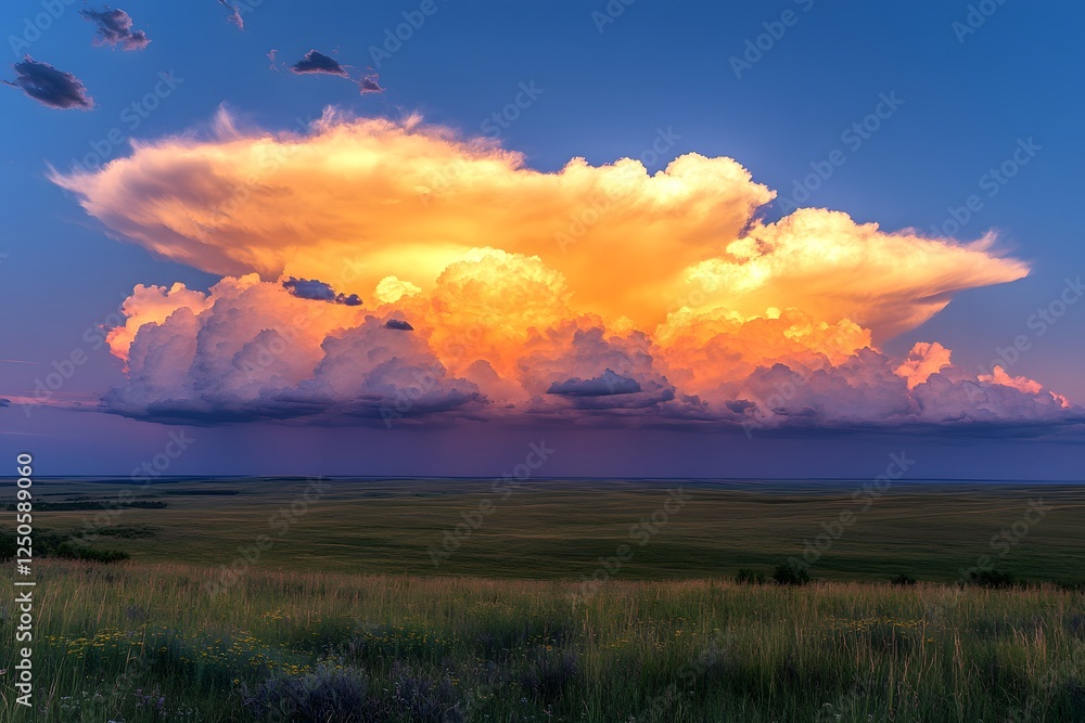 Obraz premium Sunset illuminates massive cumulonimbus cloud over prairie (1)