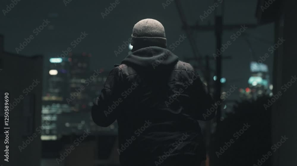 Asian man puts on headphones with downtown los angeles in the background at night Asian man puts on headphones with downtown los angeles in the background at night