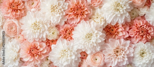 Close-up of a natural background featuring a beautiful arrangement of white and pink chrysanthemums in full bloom.