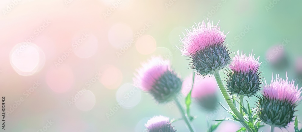 Thistle flowers on a soft gradient backdrop with blurred colors providing a serene artistic background for text placement. Thistle flowers on a soft gradient backdrop with blurred colors providing a serene artistic background for text placement.