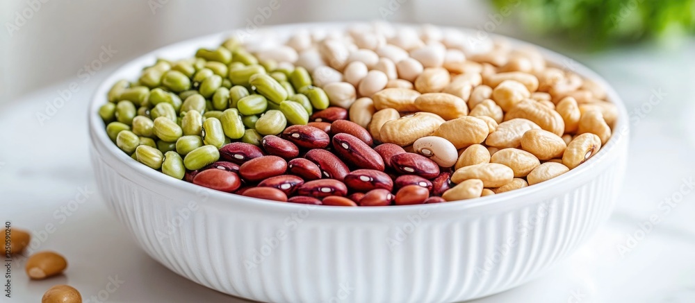 Assorted legumes including mung beans, white beans, and peanuts in a white dish showcasing high protein nutritional value. Assorted legumes including mung beans, white beans, and peanuts in a white dish showcasing high protein nutritional value.