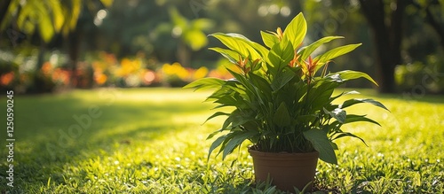 Lush green potted plant on vibrant park lawn with sunlight casting gentle shadows creating a serene outdoor atmosphere. photo