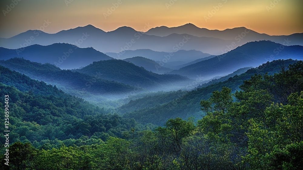 Obraz premium Misty mountain landscape at dawn showcasing peaks and valleys in high dynamic range with lush greenery and soft atmospheric lighting