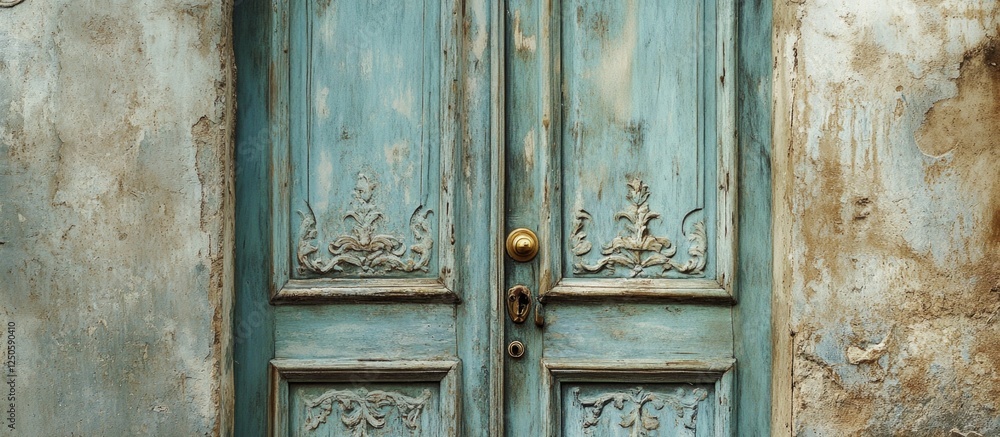 Naklejka premium Vintage weathered wooden door with intricate carvings and faded paint illustrating historical architecture and rustic charm.
