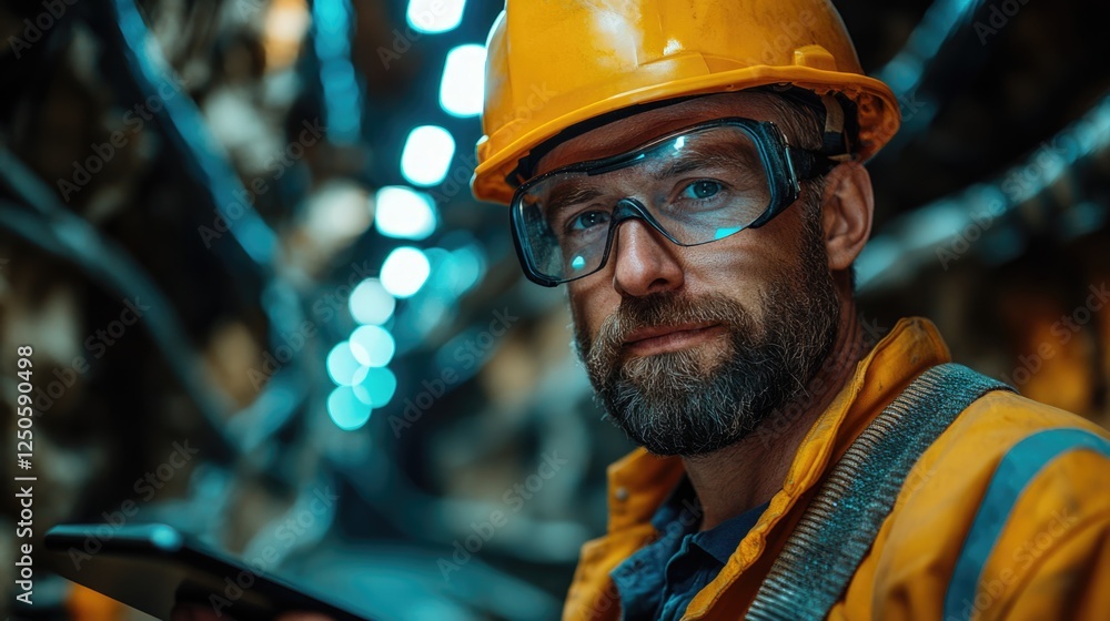 Mining Safety Protocols with Miner in Yellow Helmet and Protective Eyewear Using Tablet for Conveyor Line Monitoring in Underground Environment Mining Safety Protocols with Miner in Yellow Helmet and Protective Eyewear Using Tablet for Conveyor Line Monitoring in Underground Environment