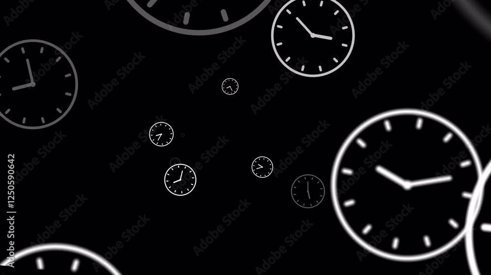 Time passing effect on a transparent background, seamless loop. Simple Ticking round clocks flow into the camera, waiting, taking a lot of running time. Time passing effect on a transparent background, seamless loop. Simple Ticking round clocks flow into the camera, waiting, taking a lot of running time.