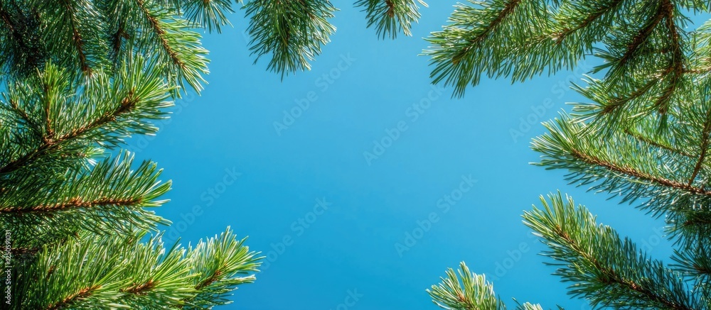 Natural pine branch frame against a clear blue sky for text design template showcasing holiday vacation themes and inviting messaging. Natural pine branch frame against a clear blue sky for text design template showcasing holiday vacation themes and inviting messaging.