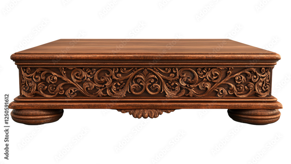 Intricately Carved Wooden Podium, elegant design, ideal for traditional presentations, showcased on a clean white background, transparent format