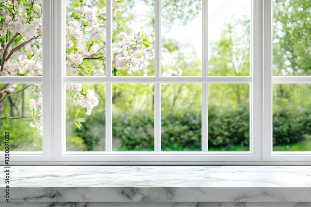 Fototapeta premium Spring view, marble windowsill, garden, sunlight, product display