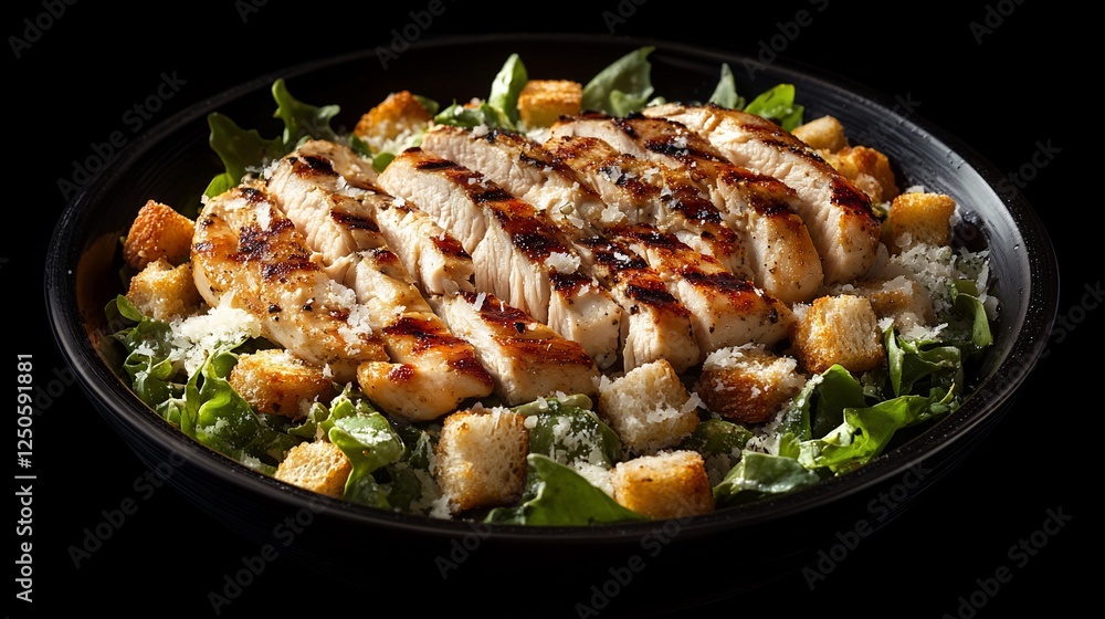 Grilled chicken Caesar salad, black bowl, dark background, restaurant menu Grilled chicken Caesar salad, black bowl, dark background, restaurant menu