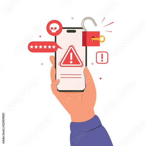 Hand holding a mobile phone with pin to verify their id and security access. Vector illustration. 