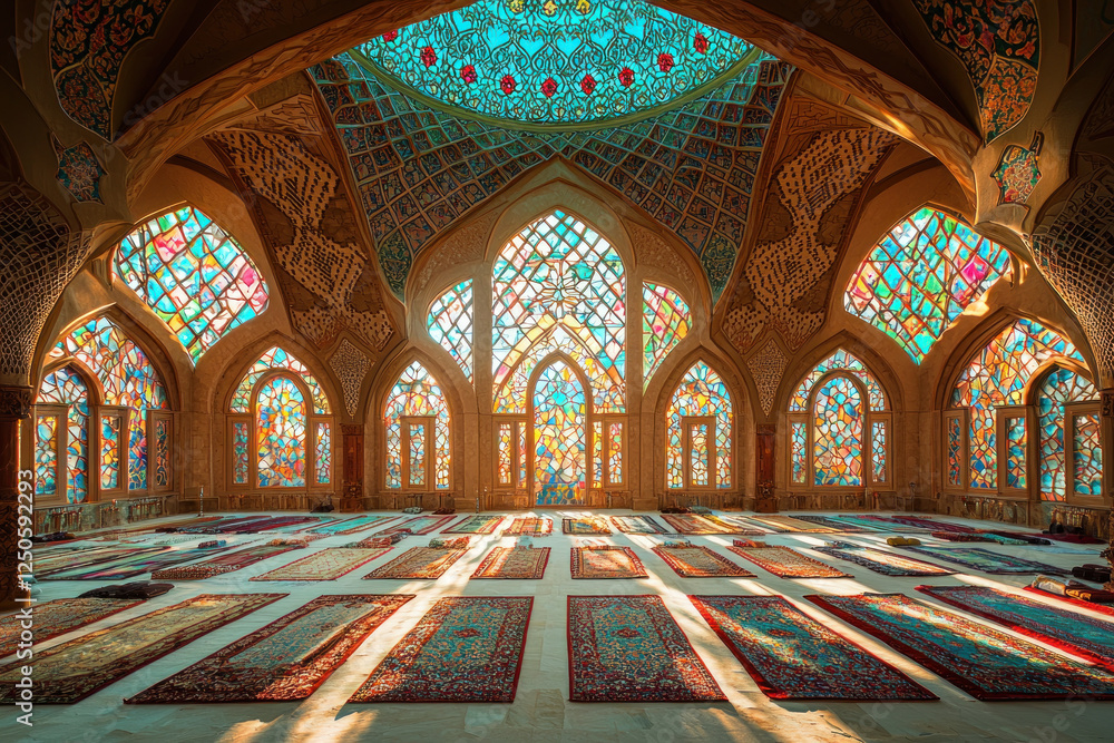 Obraz premium Grand mosque interior, stained glass windows, prayer rugs, sunlight