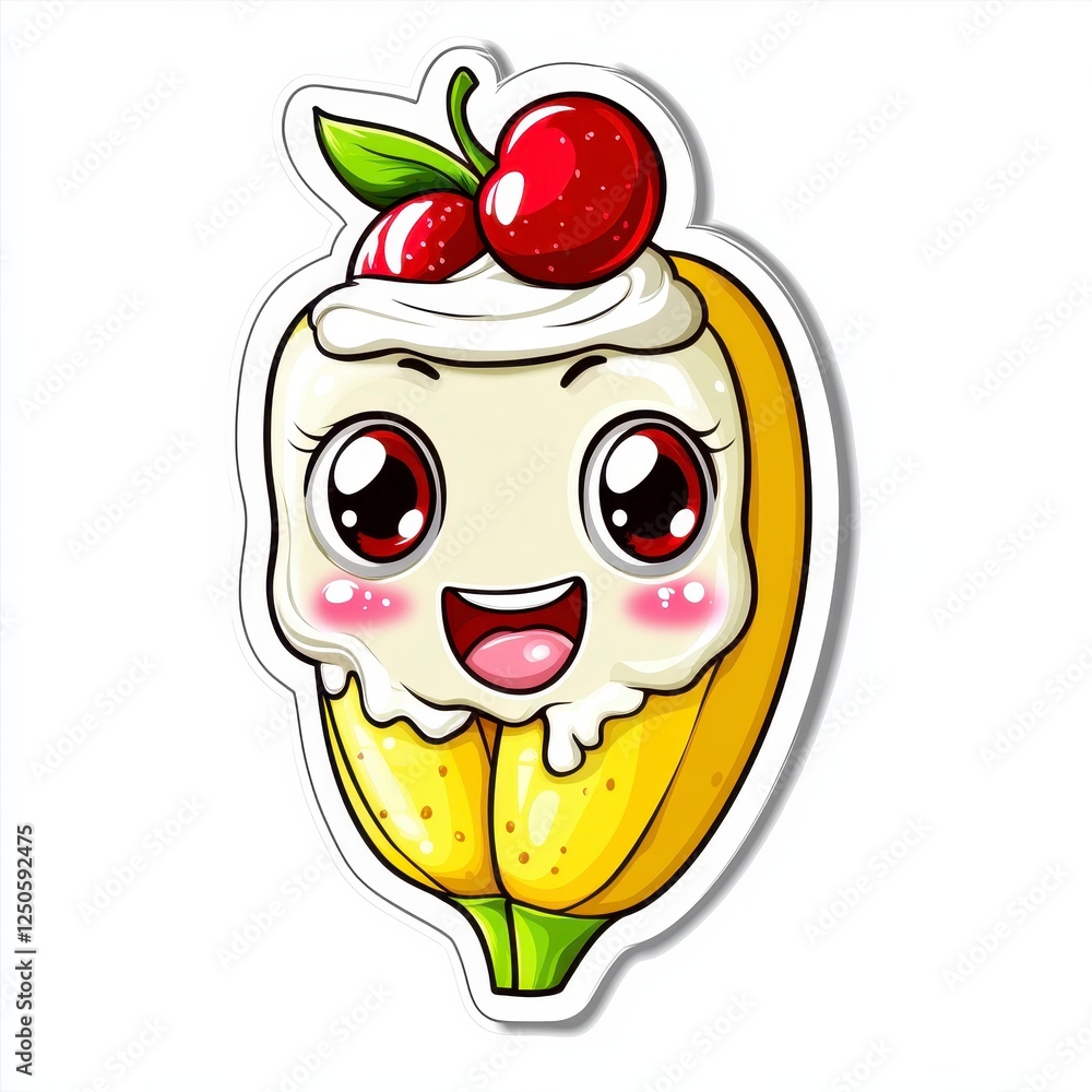 Cute Cartoon Banana with Whipped Cream and Cherry Topping Design Cute Cartoon Banana with Whipped Cream and Cherry Topping Design