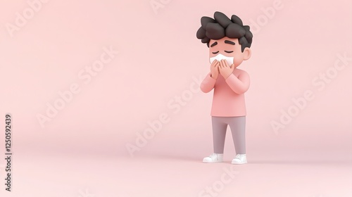 Sneezing and blowing your nose 3D concept. A cartoon boy sneezes into a tissue, looking unwell in a pastel setting.