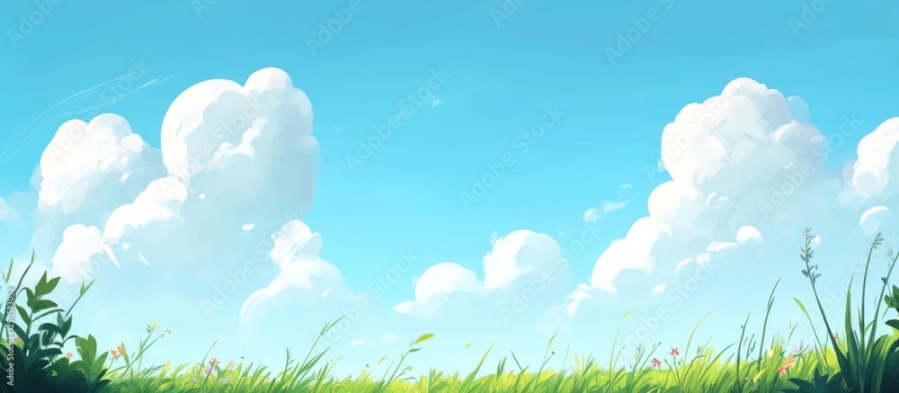 Fototapeta premium Serene summer sky with soft clouds and vibrant green grass ideal for nature-themed designs and copy space applications