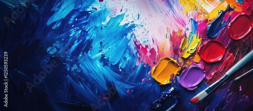 Vibrant oil paints and brushes on a textured palette showcasing artistic creativity and color mixing in fine art. photo