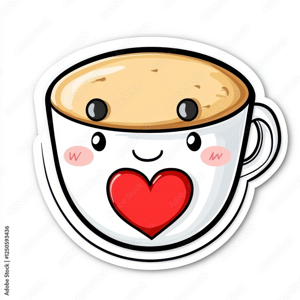 Cute cartoon coffee cup with heart and smiling face on white background Cute cartoon coffee cup with heart and smiling face on white background