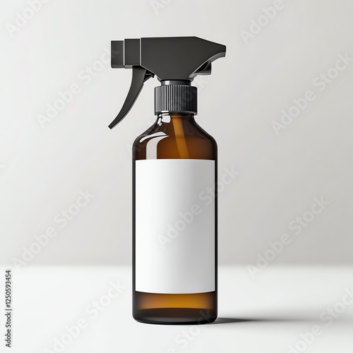 An amber spray bottle with a blank label on a clean, minimalistic background.