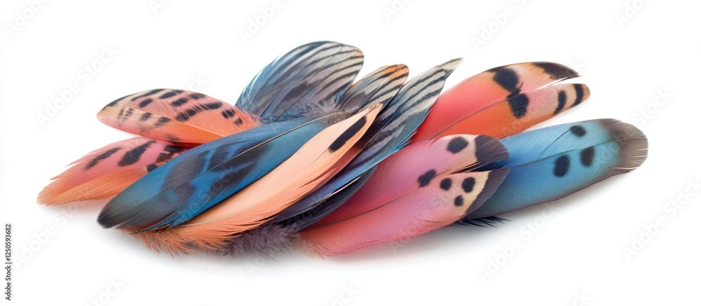 Vibrant collection of natural bird feathers including pigeon and goose isolated on a white background showcasing intricate colors and patterns.