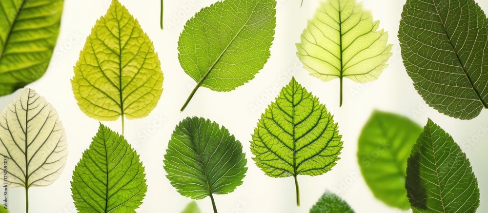 Decorative natural green leaves in varying shades and textures against a light background showcasing nature's beauty and diversity. Decorative natural green leaves in varying shades and textures against a light background showcasing nature's beauty and diversity.