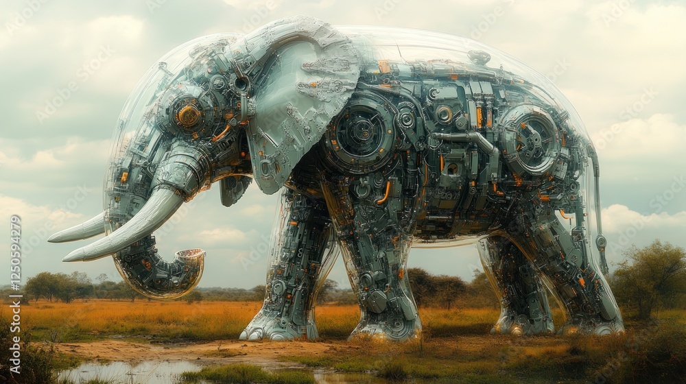 Fototapeta premium Mechanical elephant in a savanna.